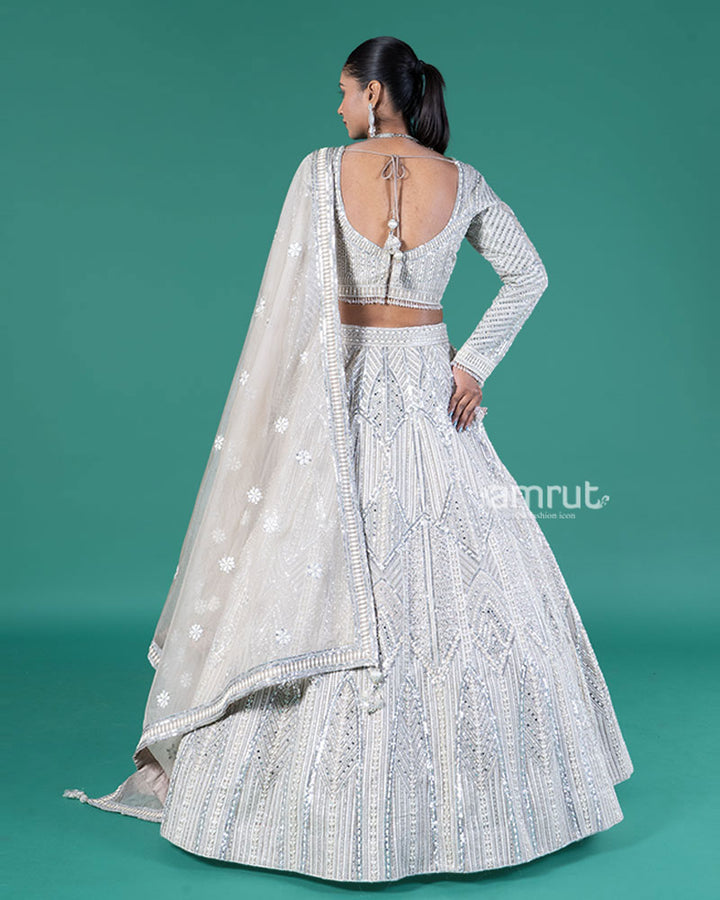 Beige Silver Embellished Lehenga Choli with Embroidered Dupatta 05