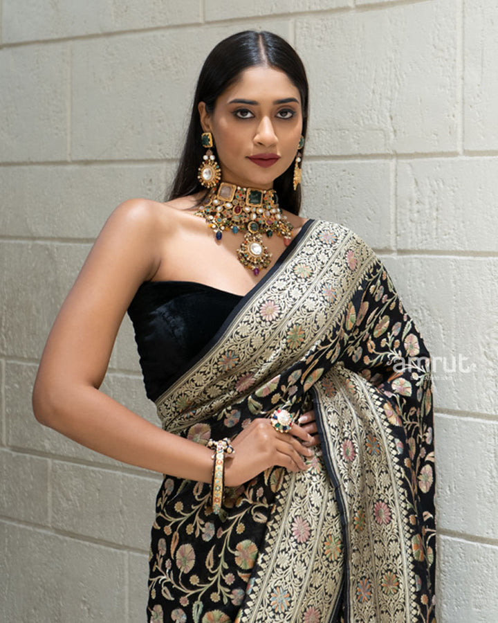 Black Banarasi Georgette Saree with Multicolor Zari Weave and Unstitched Blouse 02