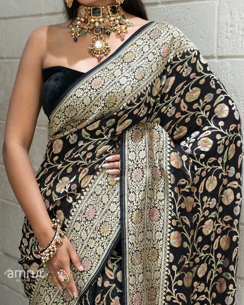 Black Banarasi Georgette Saree with Multicolor Zari Weave and Unstitched Blouse 03