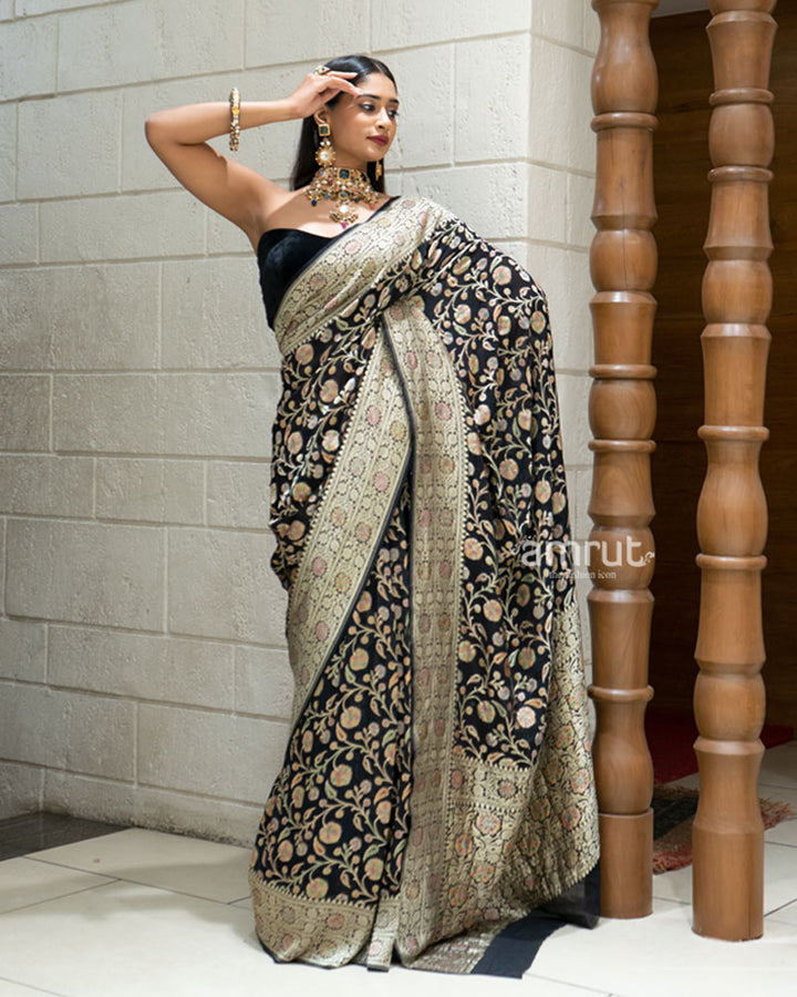 Black Banarasi Georgette Saree with Multicolor Zari Weave and Unstitched Blouse 04