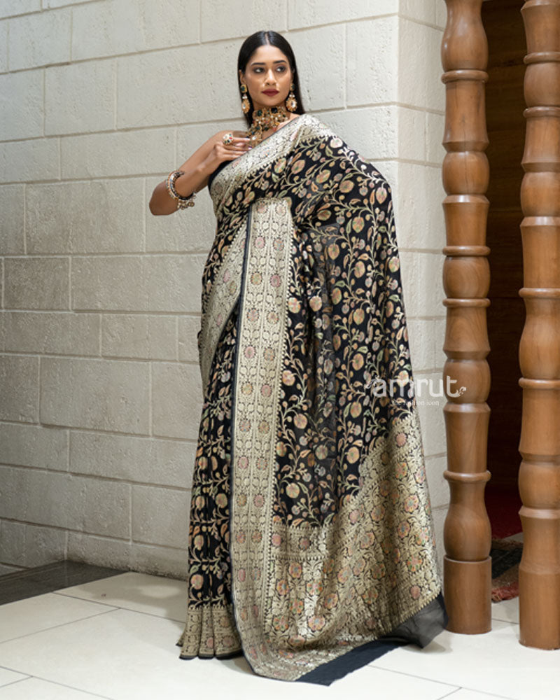 Black Banarasi Georgette Saree with Multicolor Zari Weave and Unstitched Blouse 05
