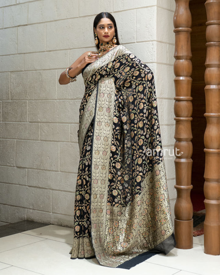 Black Banarasi Georgette Saree with Multicolor Zari Weave and Unstitched Blouse 05