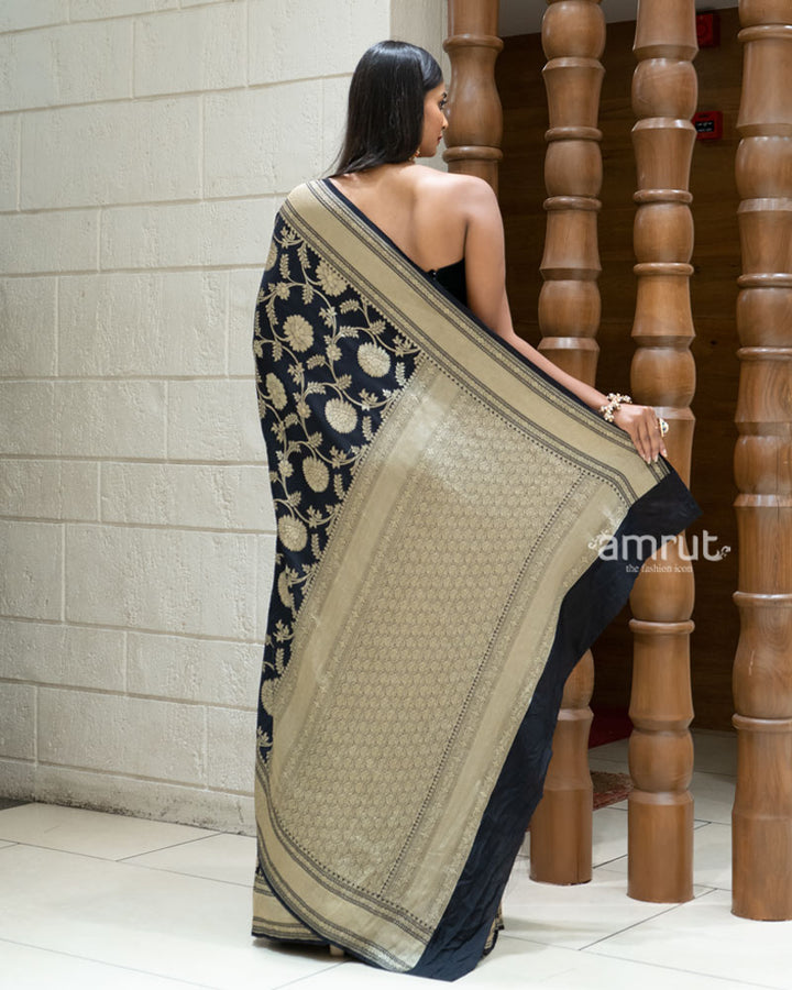 Black Banarasi Georgette Saree with Rich Golden Zari Weave and Unstitched Blouse 04