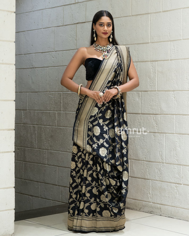 Black Banarasi Georgette Saree with Rich Golden Zari Weave and Unstitched Blouse 05
