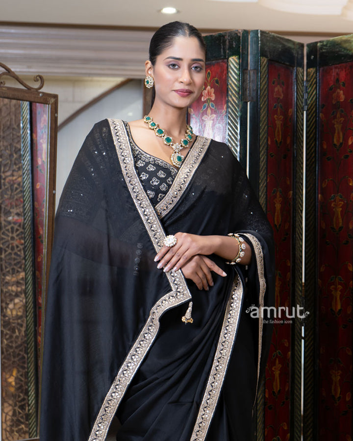 Black Embroidered Border Saree with Stitched Blouse 02