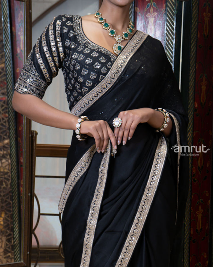 Black Embroidered Border Saree with Stitched Blouse 03