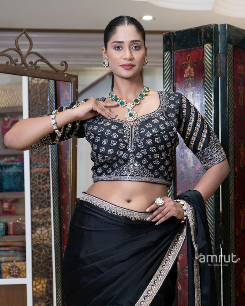 Black Embroidered Border Saree with Stitched Blouse 04