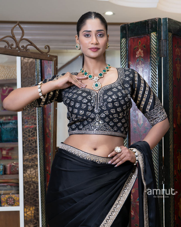 Black Embroidered Border Saree with Stitched Blouse 04