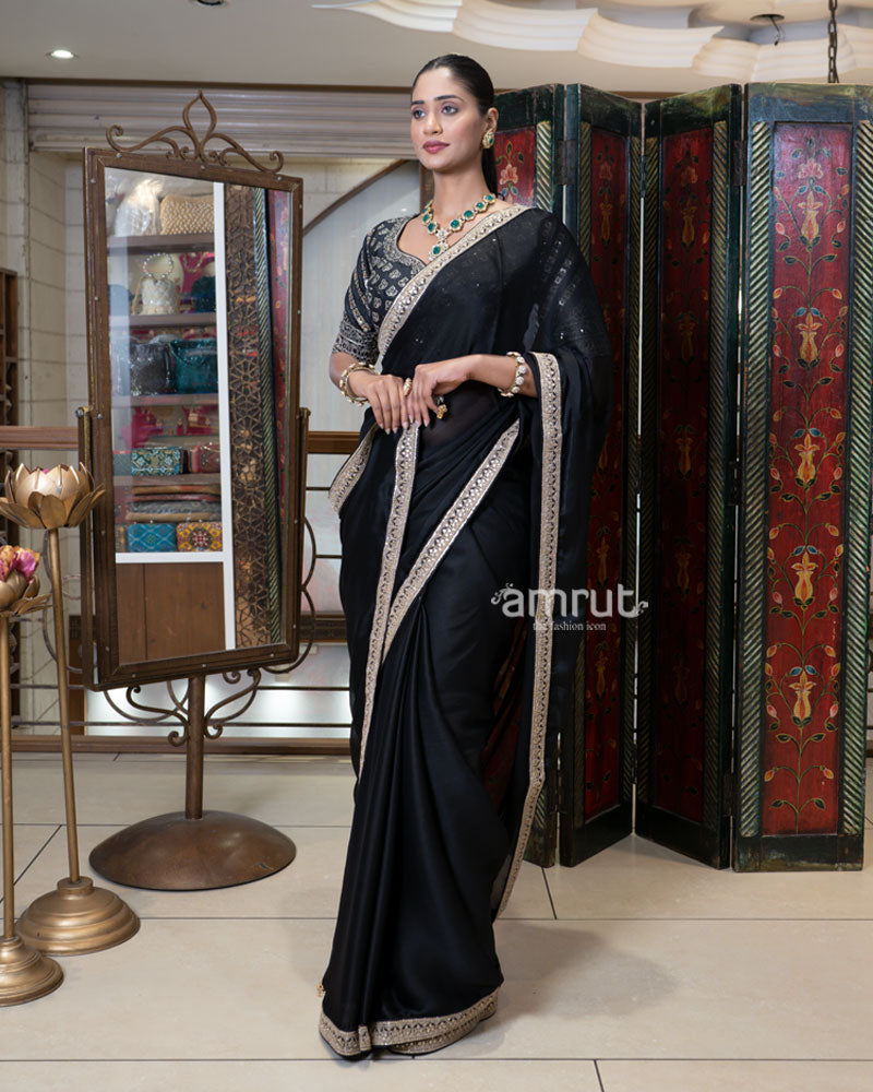 Black Embroidered Border Saree with Stitched Blouse 06