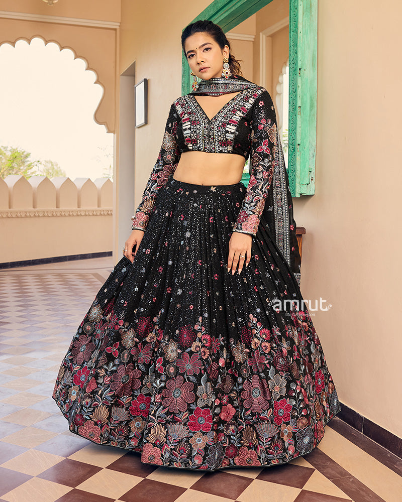 Black Floral Print Georgette Embroidered Lehenga