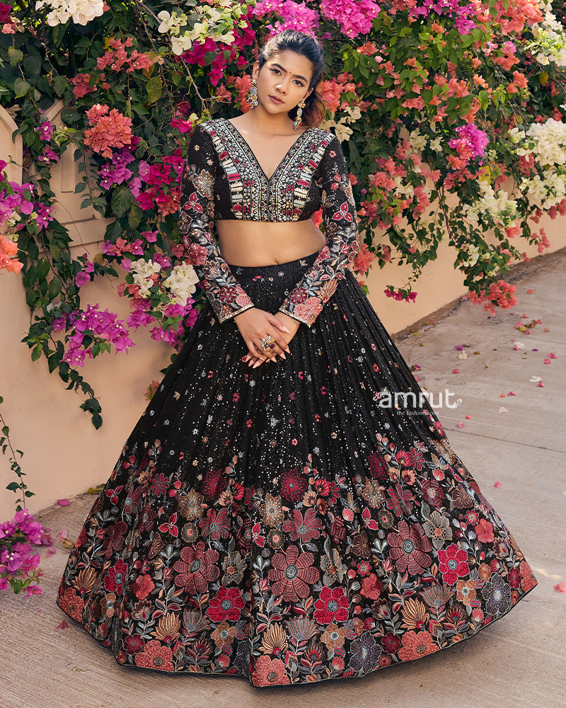 Black Floral Print Georgette Embroidered Lehenga