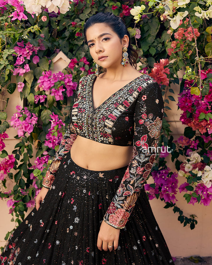 Black Floral Print Georgette Embroidered Lehenga
