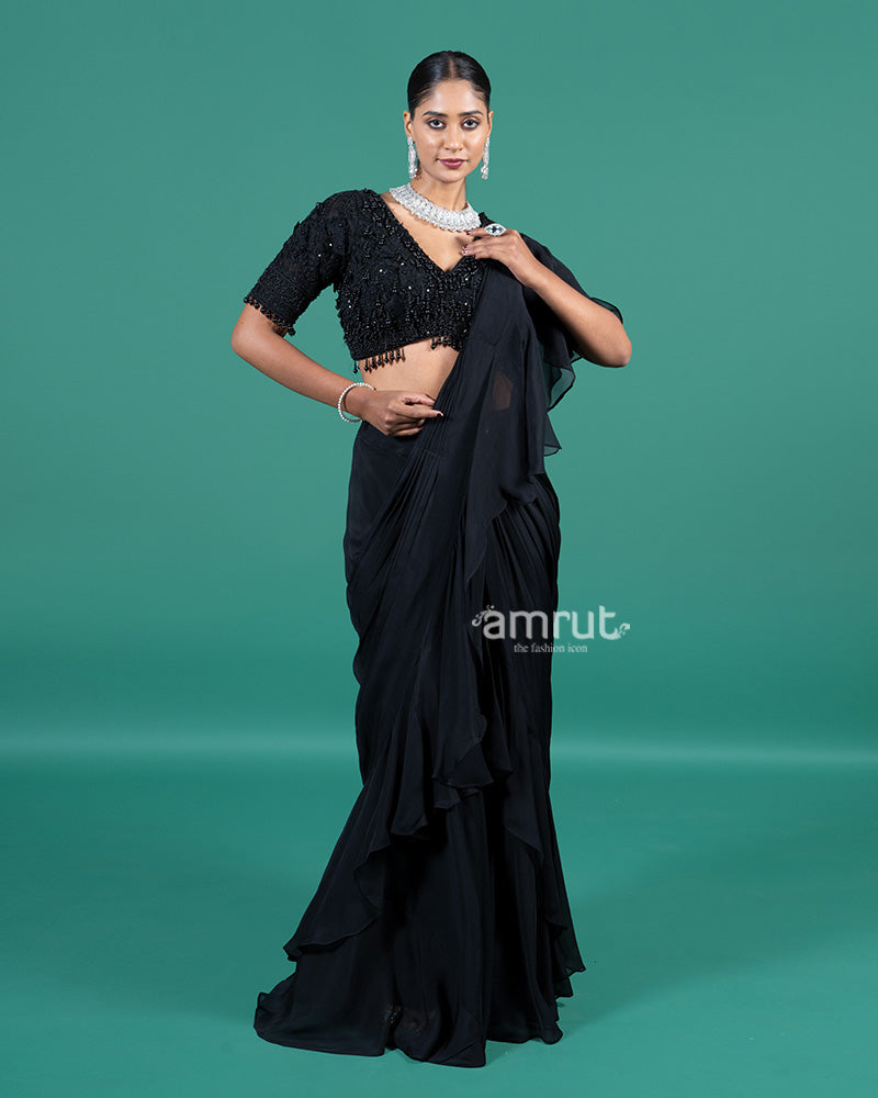 Black Ruffle Drape Saree with Embellished Blouse 01