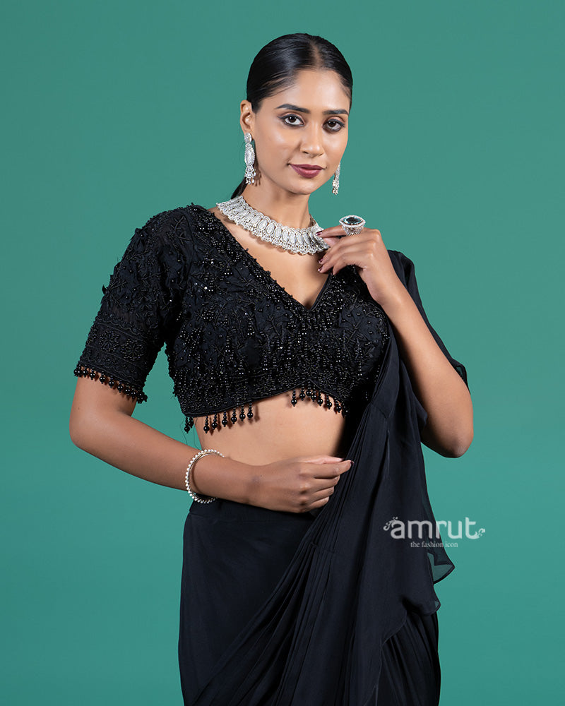 Black Ruffle Drape Saree with Embellished Blouse 02