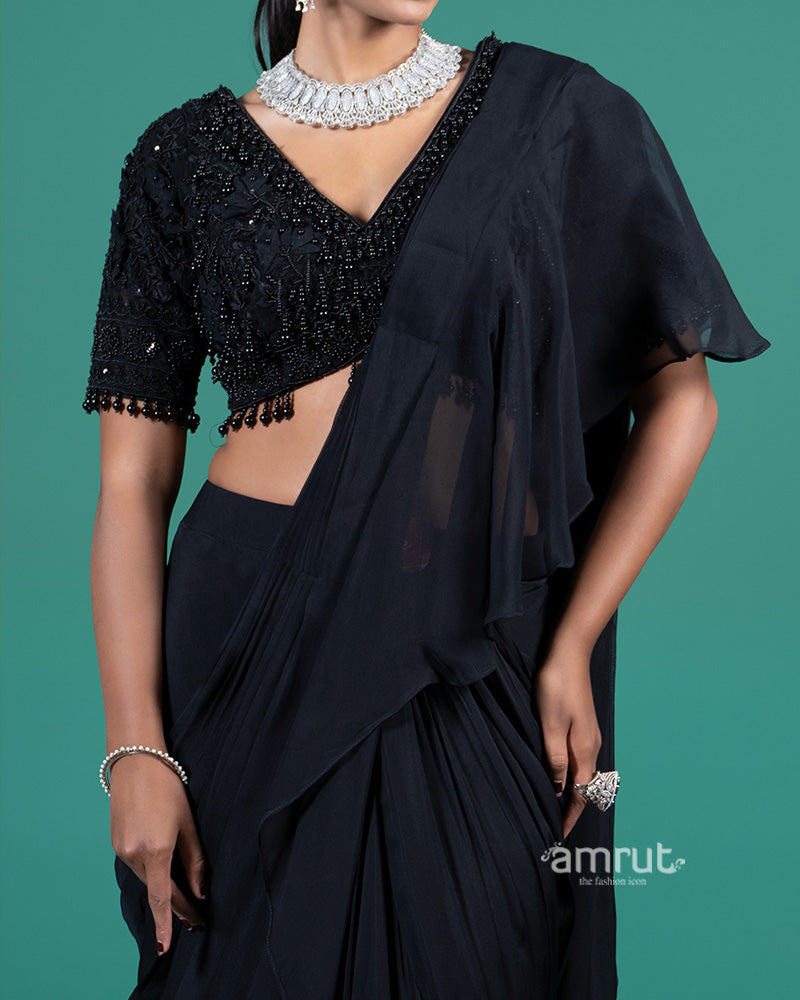 Black Ruffle Drape Saree with Embellished Blouse 03