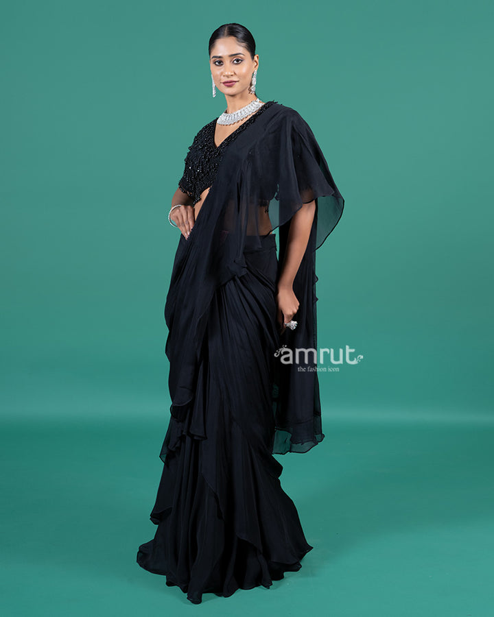 Black Ruffle Drape Saree with Embellished Blouse 04