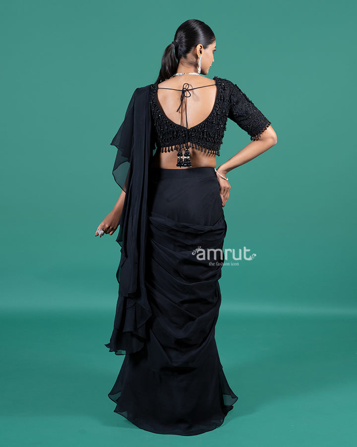 Black Ruffle Drape Saree with Embellished Blouse 05