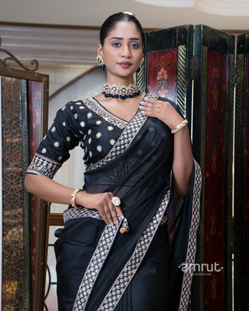Black Saree with Golden Embroidered Stitched Blouse 02