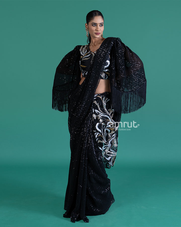 Black Sequin Embroidered Saree with Sheer Bell-Sleeve Fringe Blouse01