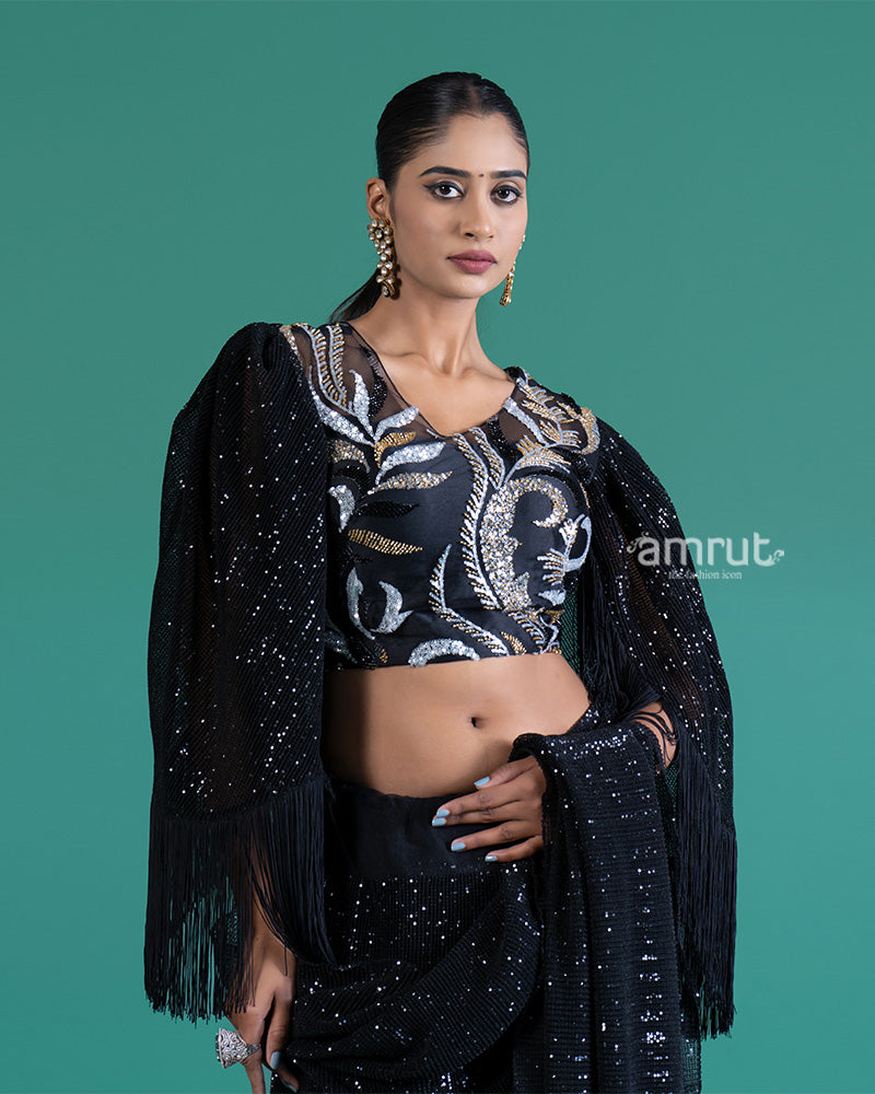 Black Sequin Embroidered Saree with Sheer Bell-Sleeve Fringe Blouse 02