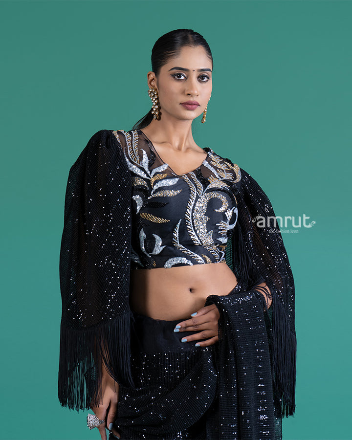 Black Sequin Embroidered Saree with Sheer Bell-Sleeve Fringe Blouse 02