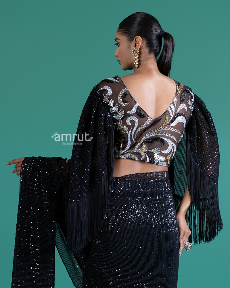 Black Sequin Embroidered Saree with Sheer Bell-Sleeve Fringe Blouse 03