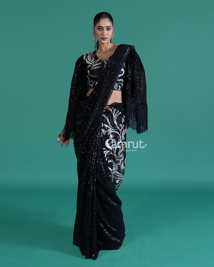Black Sequin Embroidered Saree with Sheer Bell-Sleeve Fringe Blouse 05