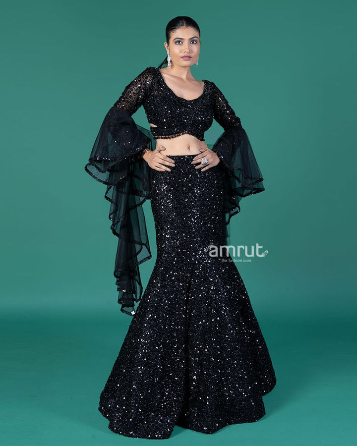 Black Sequin Fishcut Lehenga Choli with Criss-Cross Choli and Ruffled Dupatta 01