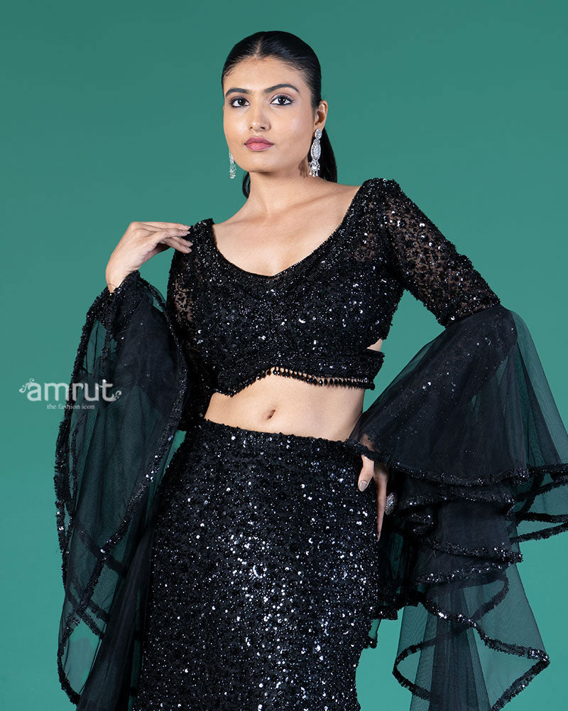 Black Sequin Fishcut Lehenga Choli with Criss-Cross Choli and Ruffled Dupatta 02