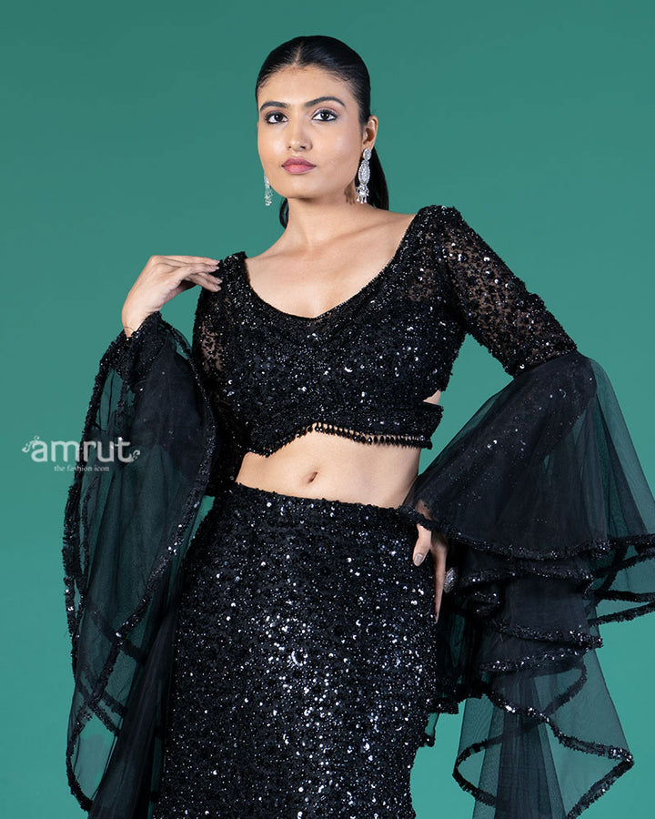 Black Sequin Fishcut Lehenga Choli with Criss-Cross Choli and Ruffled Dupatta 02