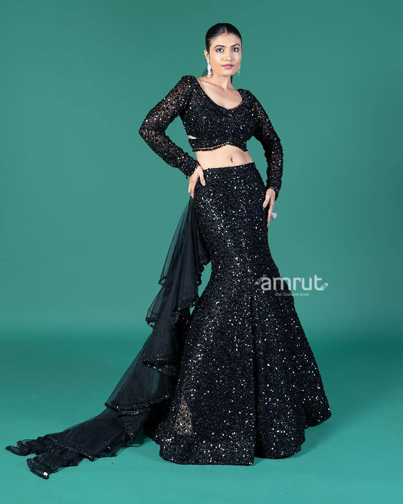 Black Sequin Fishcut Lehenga Choli with Criss-Cross Choli and Ruffled Dupatta 04