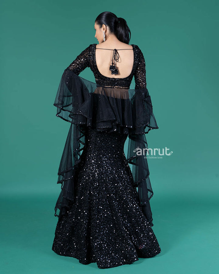 Black Sequin Fishcut Lehenga Choli with Criss-Cross Choli and Ruffled Dupatta 05