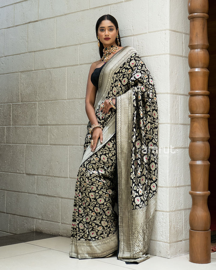 Black Zari Embellished Banarasi Khadi Georgette Saree with Unstitched Blouse 01