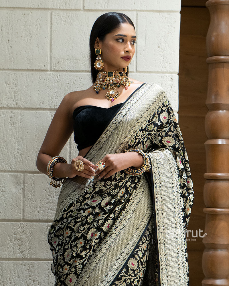 Black Zari Embellished Banarasi Khadi Georgette Saree with Unstitched Blouse 02