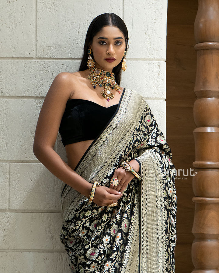 Black Zari Embellished Banarasi Khadi Georgette Saree with Unstitched Blouse 03