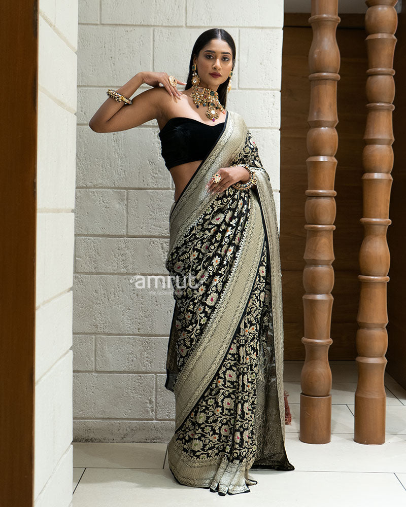 Black Zari Embellished Banarasi Khadi Georgette Saree with Unstitched Blouse 04