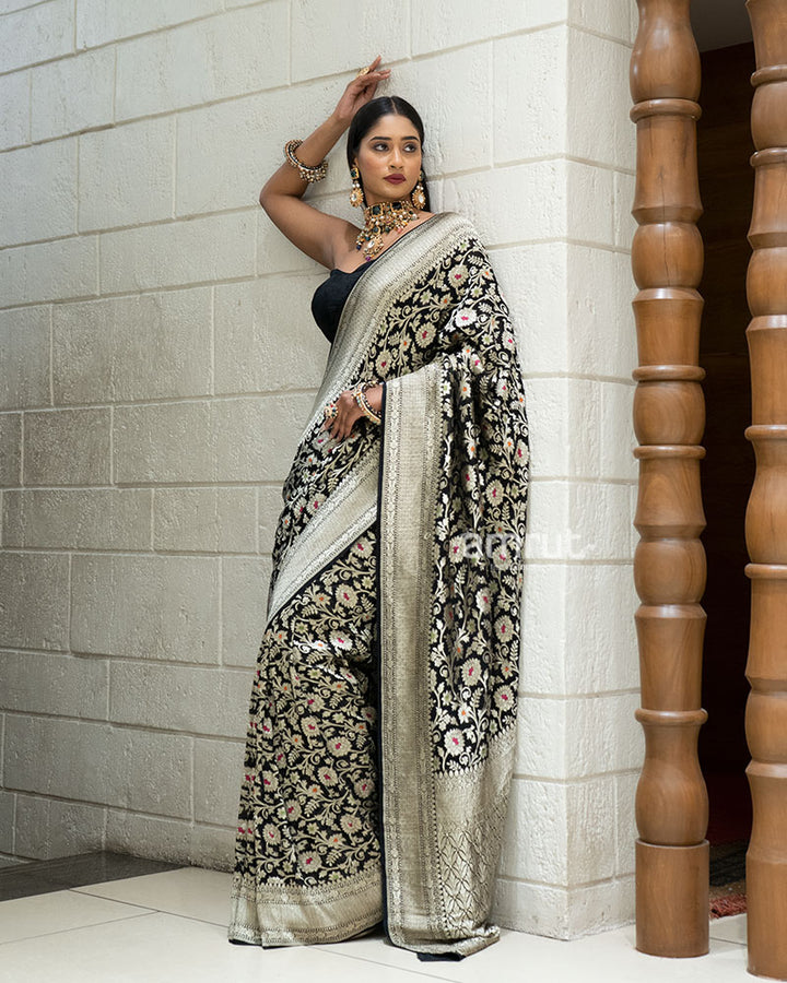 Black Zari Embellished Banarasi Khadi Georgette Saree with Unstitched Blouse 05