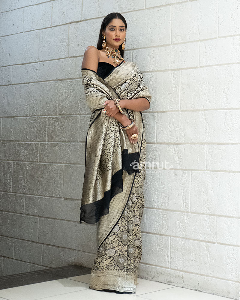 Black Zari Embroidered Banarasi Khadi Georgette Saree with Unstitched Blouse 05