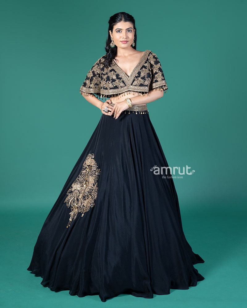 Black and Gold Embroidered Lehenga Choli with Feather Design 01