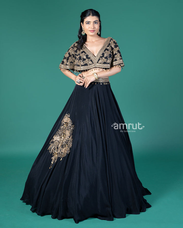 Black and Gold Embroidered Lehenga Choli with Feather Design 01