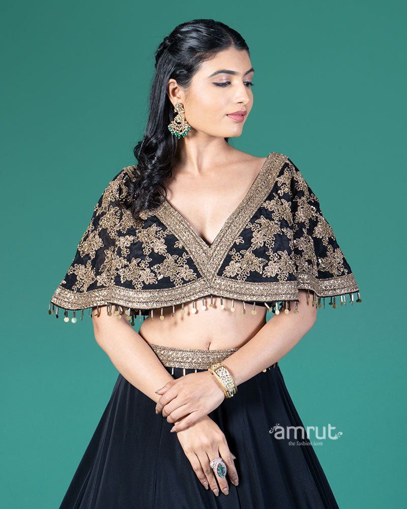 Black and Gold Embroidered Lehenga Choli with Feather Design 02
