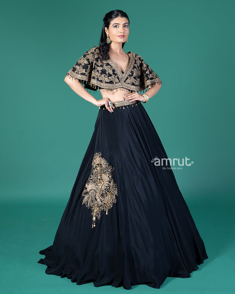 Black and Gold Embroidered Lehenga Choli with Feather Design 04