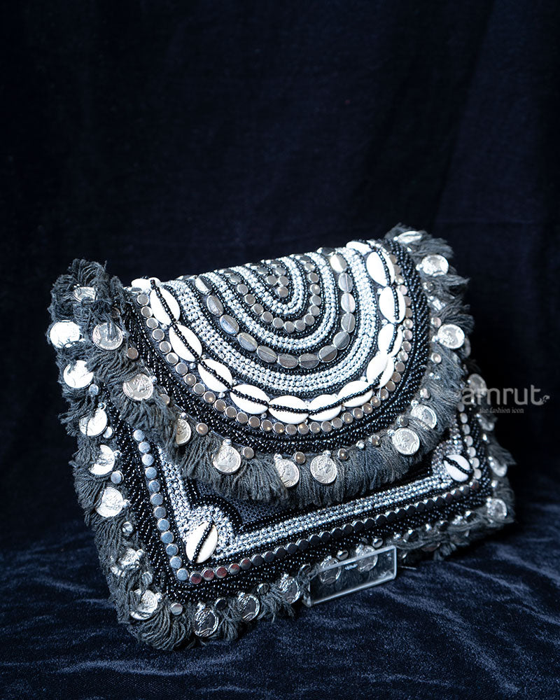 Black and White Beaded with Fringe and Coin Accents Handbag 01