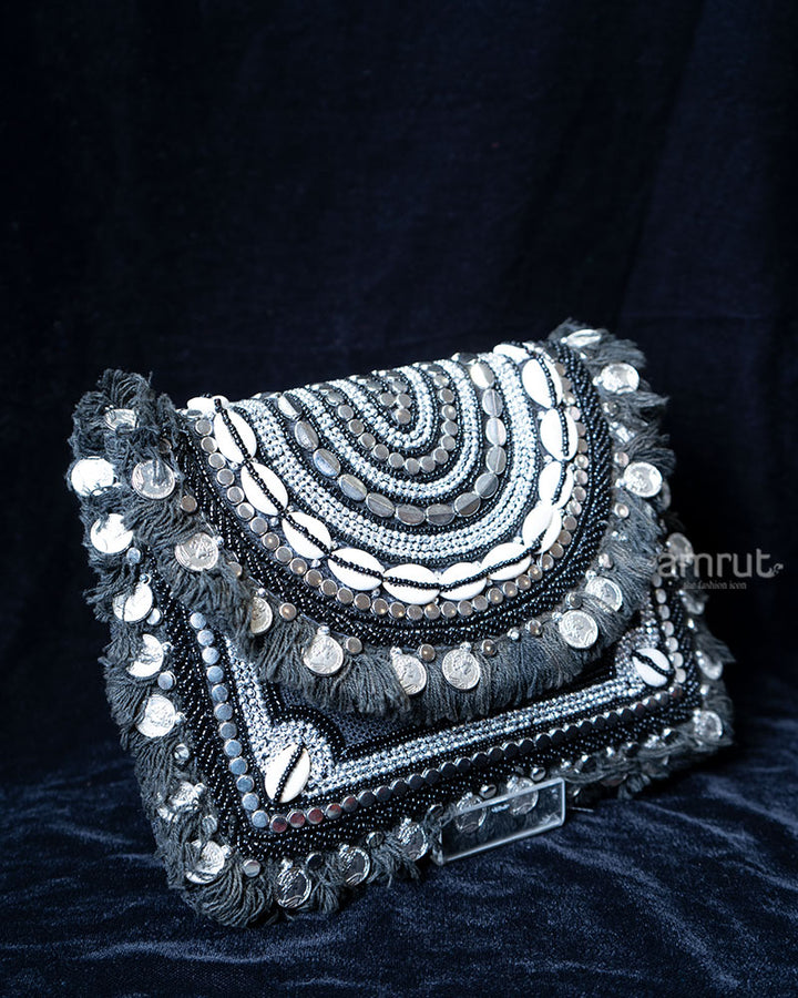 Black and White Beaded with Fringe and Coin Accents Handbag 01