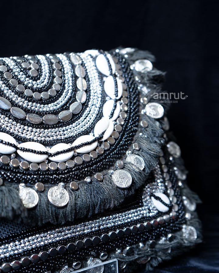 Black and White Beaded with Fringe and Coin Accents Handbag 02