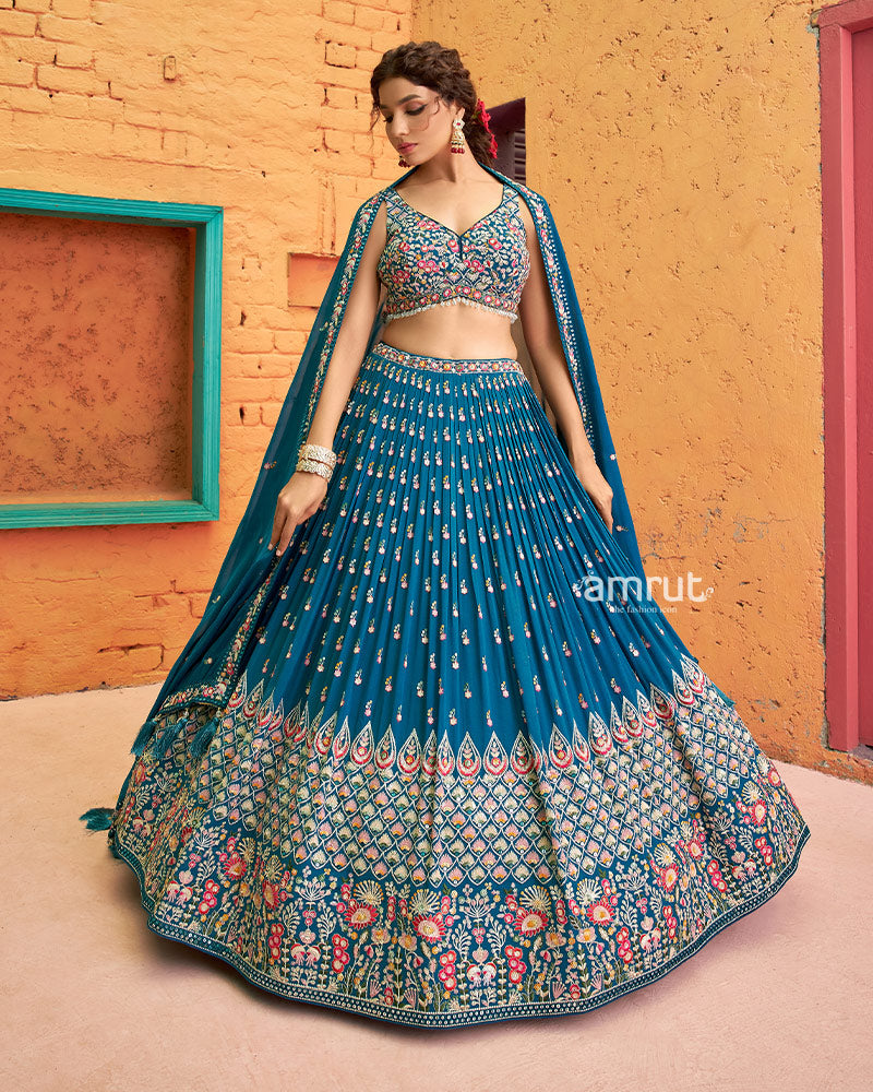 Blue Sequins  Embroidered Georgette Lehenga Set With Dupatta