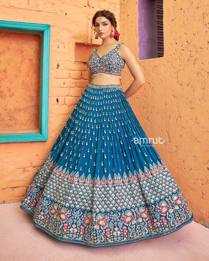 Blue Sequins  Embroidered Georgette Lehenga Set With Dupatta