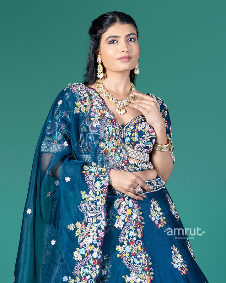 Blue Embroidered Lehenga Choli with Organza Dupatt 02