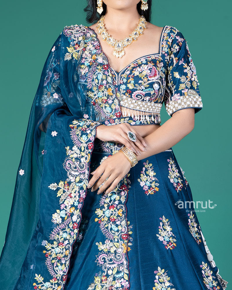 Blue Embroidered Lehenga Choli with Organza Dupatt 03