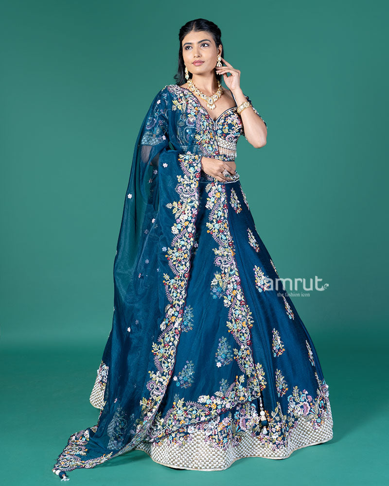 Blue Embroidered Lehenga Choli with Organza Dupatt 04